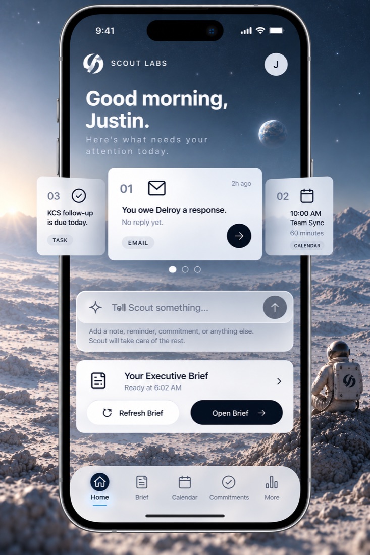 Executive Scout on mobile, showing attention cards and the Executive Brief.